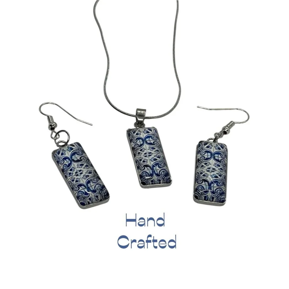 Hand Crafted Blue White Glass Rectangle Pendant Necklace Earrings Set NWT